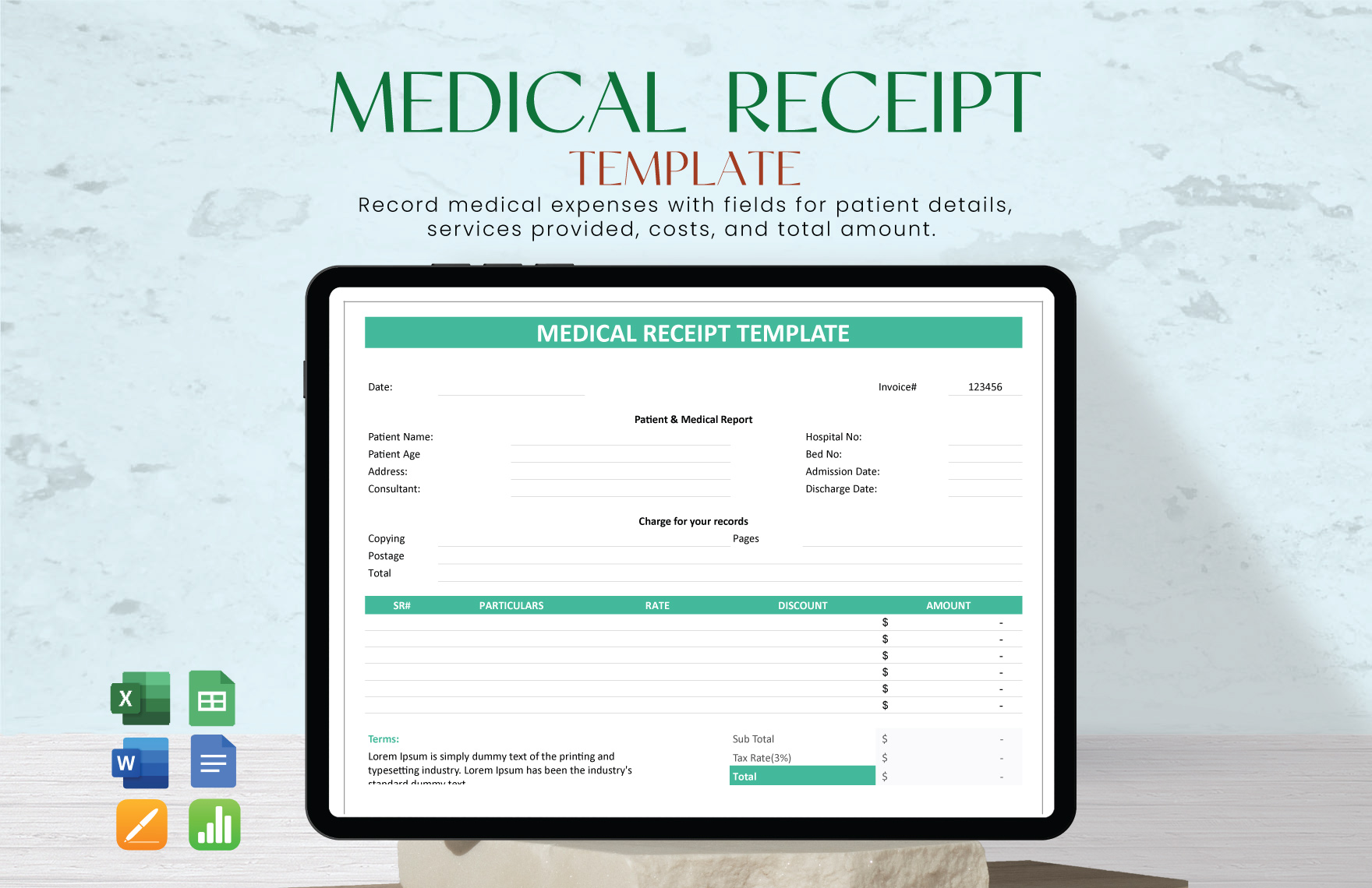 Medical Receipt Template in Google Docs, Apple Pages, Excel, Word, Google Sheets, Apple Numbers - Download | Template.net Medical Receipt Template in Google Docs, Apple Pages, Excel, Word, Google Sheets, Apple Numbers - Download | Template.net