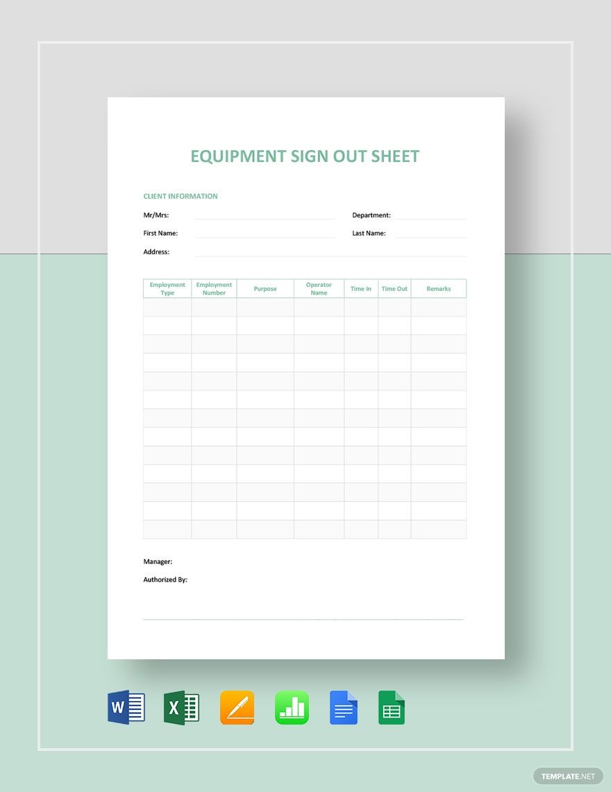 Equipment Sign Out Sheet Template in Pages, Word, Apple Numbers, Excel, Google Docs, Google Sheets, PDF - Download | Template.net Equipment Sign Out Sheet Template in Pages, Word, Apple Numbers, Excel, Google Docs, Google Sheets, PDF - Download | Template.net