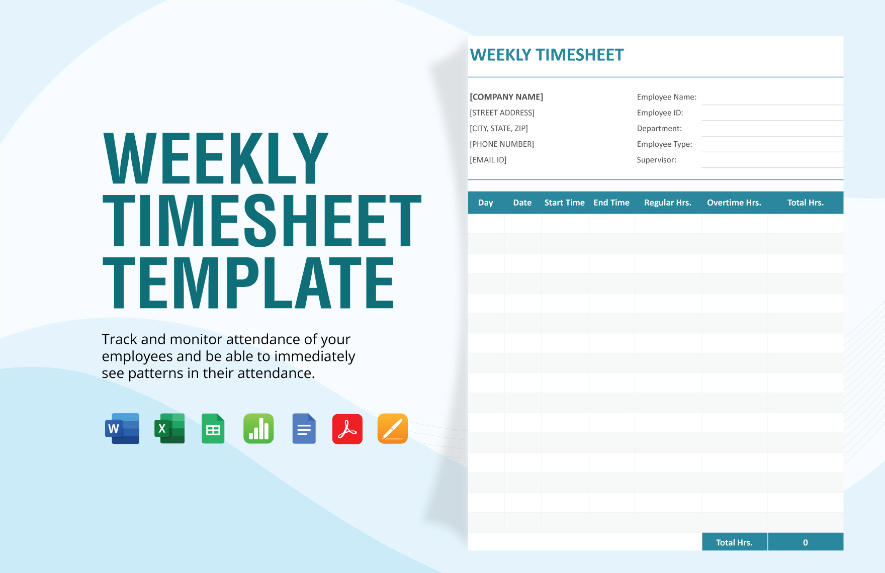 Weekly Timesheet Template in Google Docs, Google Sheets, Word, Excel, Pages, PDF, Apple Numbers - Download | Template.net Weekly Timesheet Template in Google Docs, Google Sheets, Word, Excel, Pages, PDF, Apple Numbers - Download | Template.net