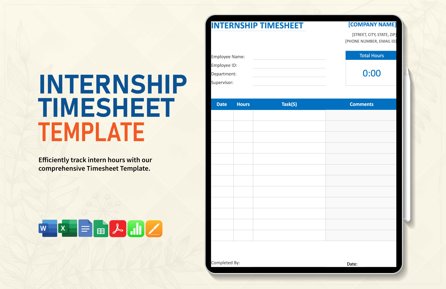 Internship Timesheet Template in Google Docs, Apple Pages, Word, Excel, Google Sheets, PDF, Apple Numbers - Download | Template.net Internship Timesheet Template in Google Docs, Apple Pages, Word, Excel, Google Sheets, PDF, Apple Numbers - Download | Template.net