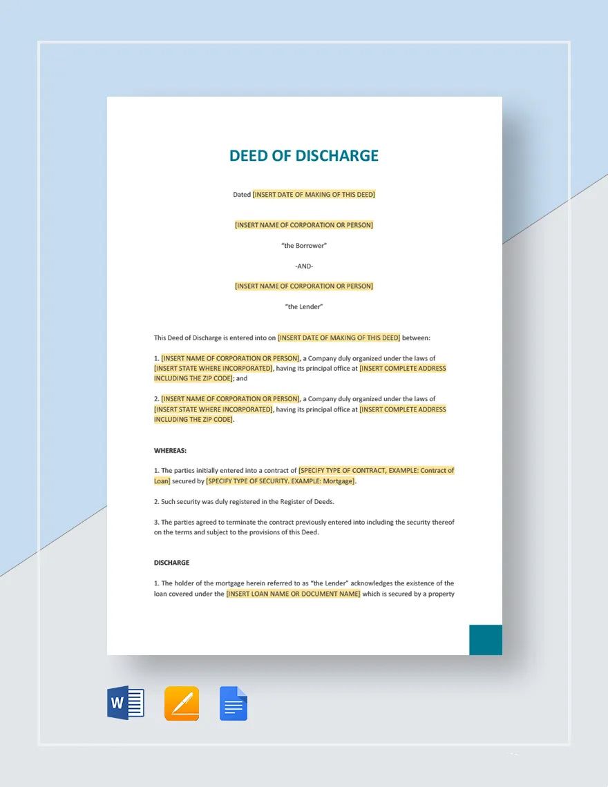 Deed of Discharge Template in Word, Pages, Google Docs - Download | Template.net Deed of Discharge Template in Word, Pages, Google Docs - Download | Template.net
