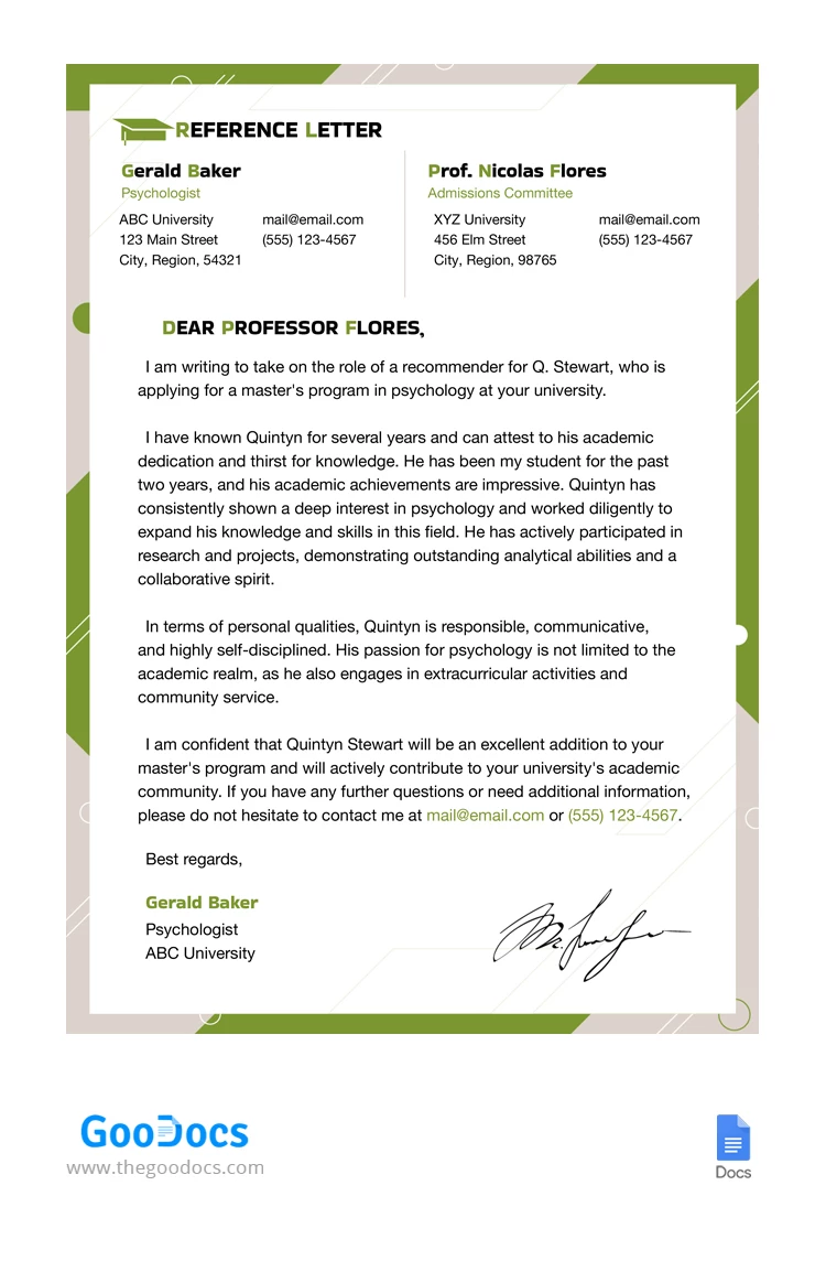 Green Academic Reference Letter - free Google Docs Template - 10067435 Green Academic Reference Letter - free Google Docs Template - 10067435