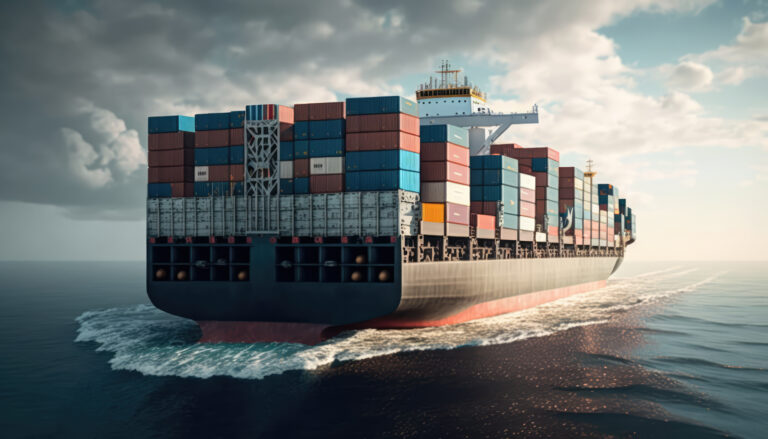 cargo ship on the open ocean with multi-colored shipping containers.