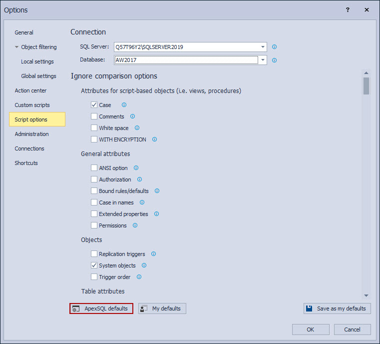 The ApexSQL defaults button under the Script options tab