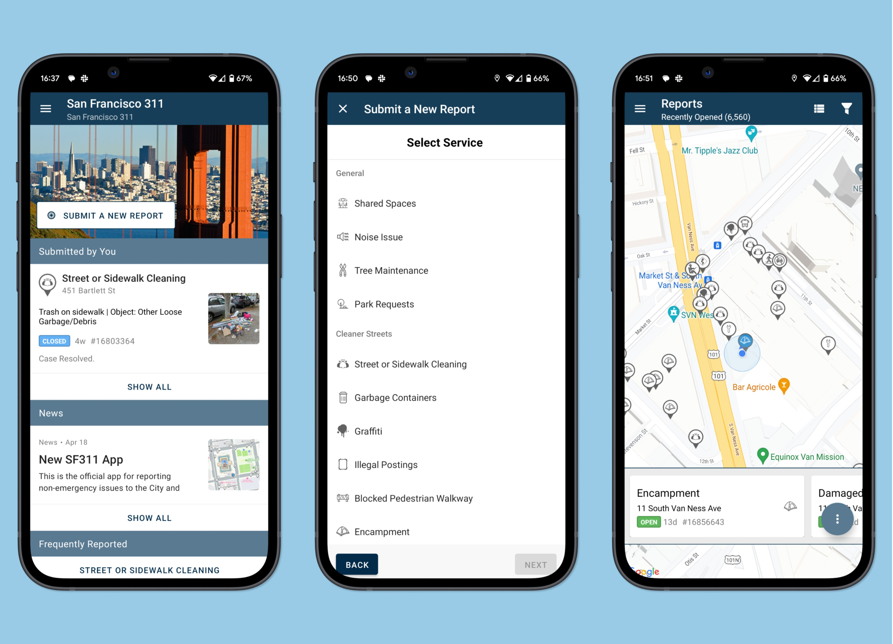 Screenshots of the San Francisco 311 mobile app showing the main app landing page, the page for submitting a new report, and the page to view recently opened reports in a map view