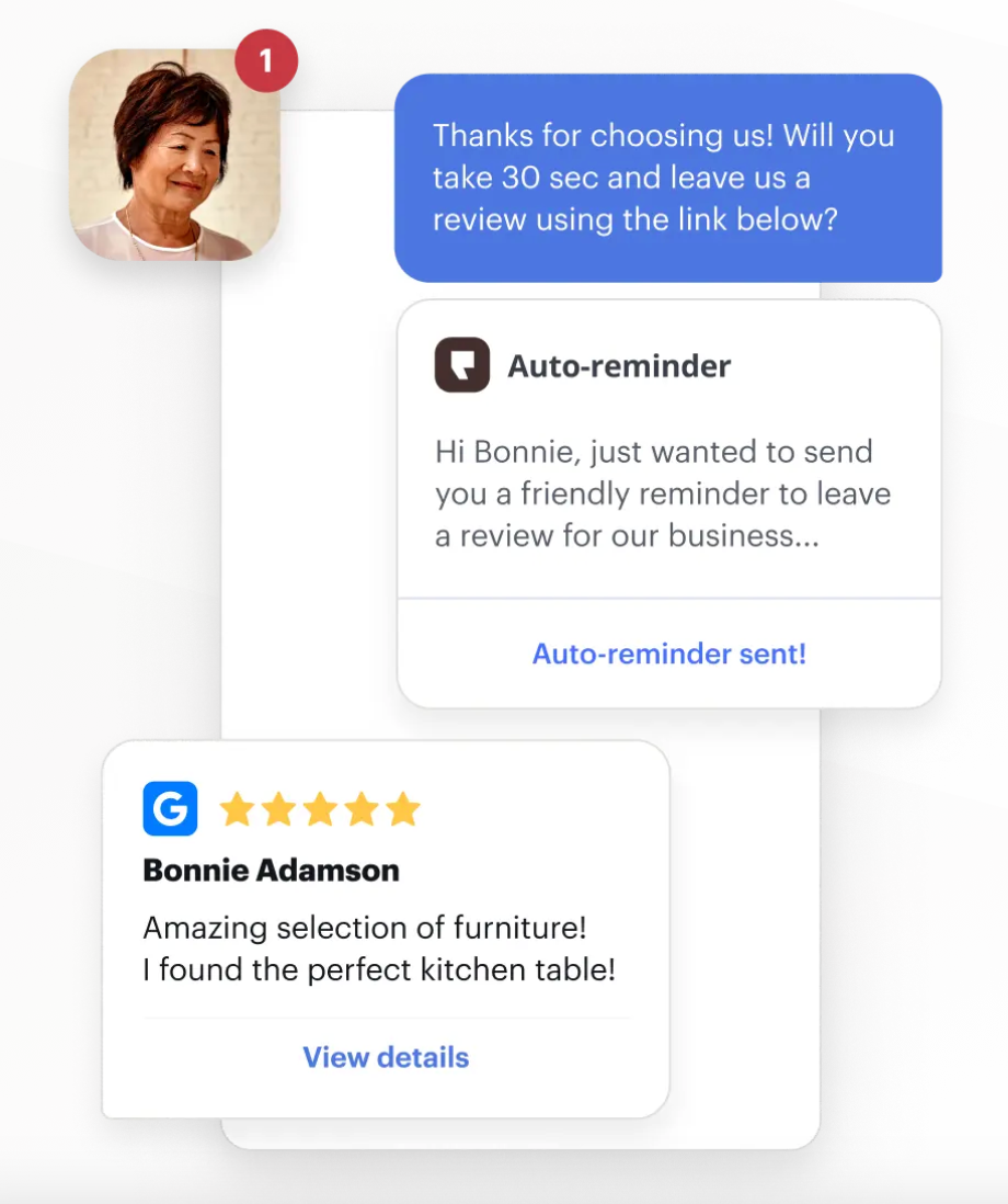 Podium’s auto-reminder review management feature, which shows a text review request and sample customer review.
