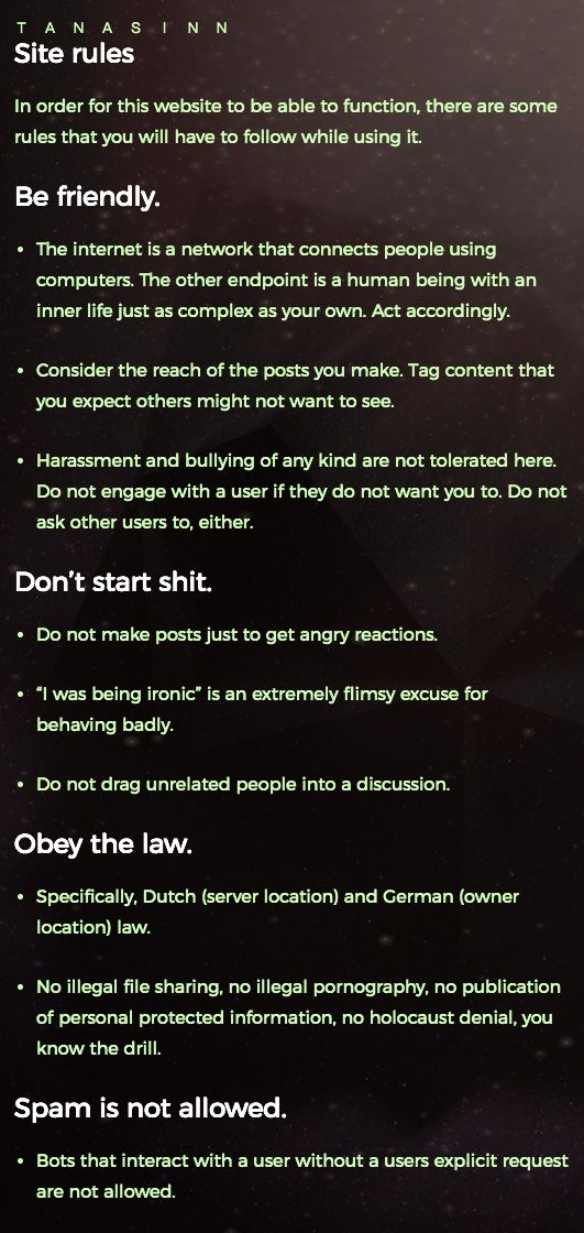 The house rules for icosahedron.website a popular instance on the Mastodon platform. Each instance gets to set its own...