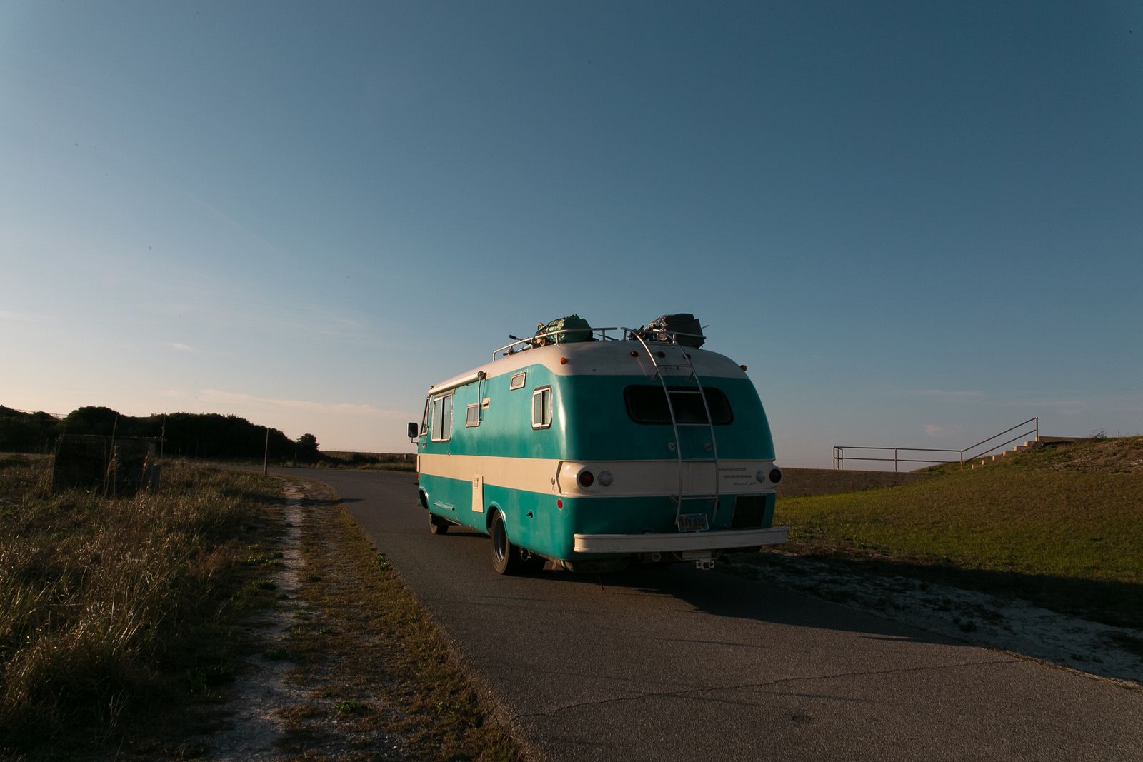 RV driving on the road.