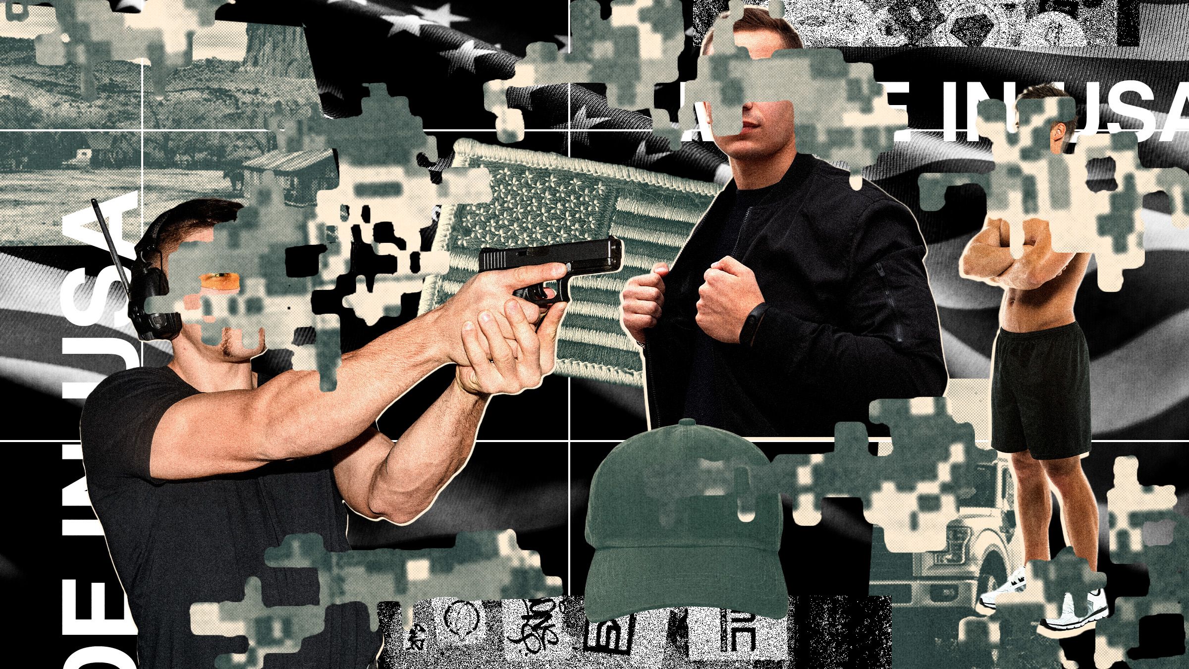 Collage of white men in black clothing US flags military camo pattern and made in USA