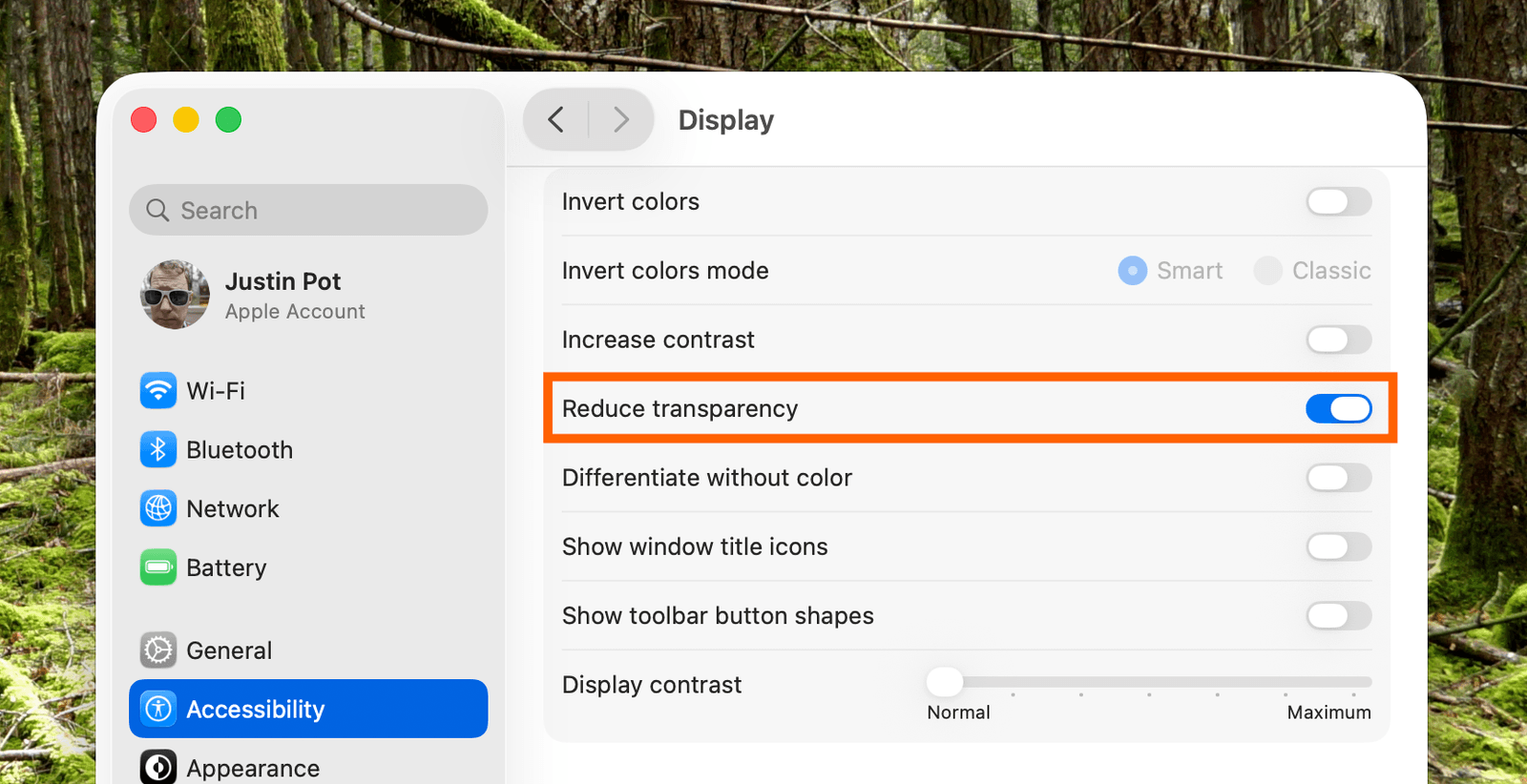 Reduce the transparency of interface elements in the macOS settings.