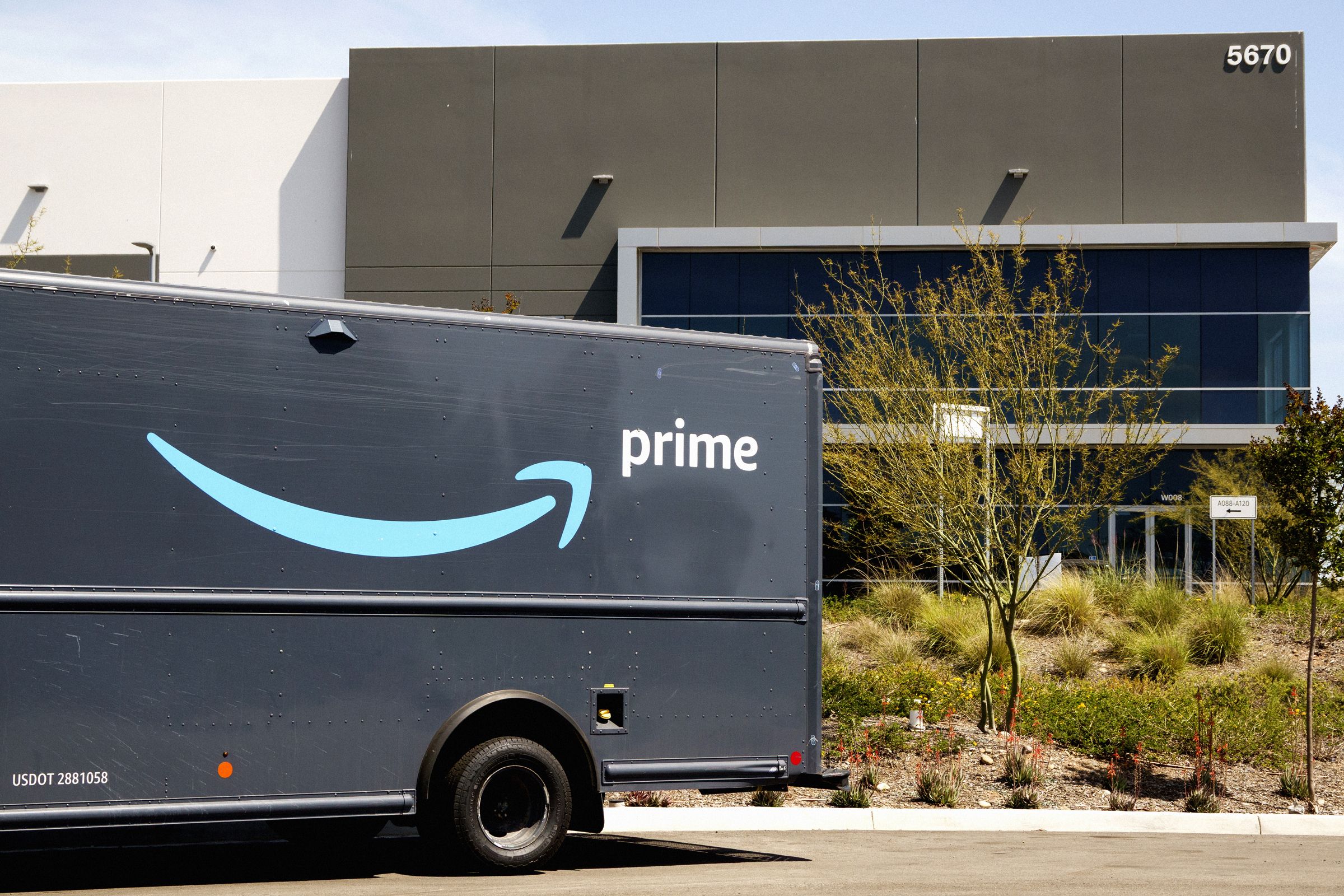 SAN DIEGO CALIFORNIA  APRIL 25 An Amazon Prime logo is displayed on a delivery truck outside an Amazon delivery station...