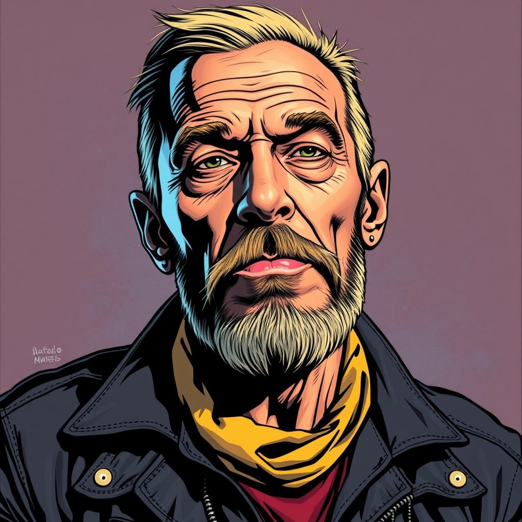 Sonny Barger's portrait, dark purple background