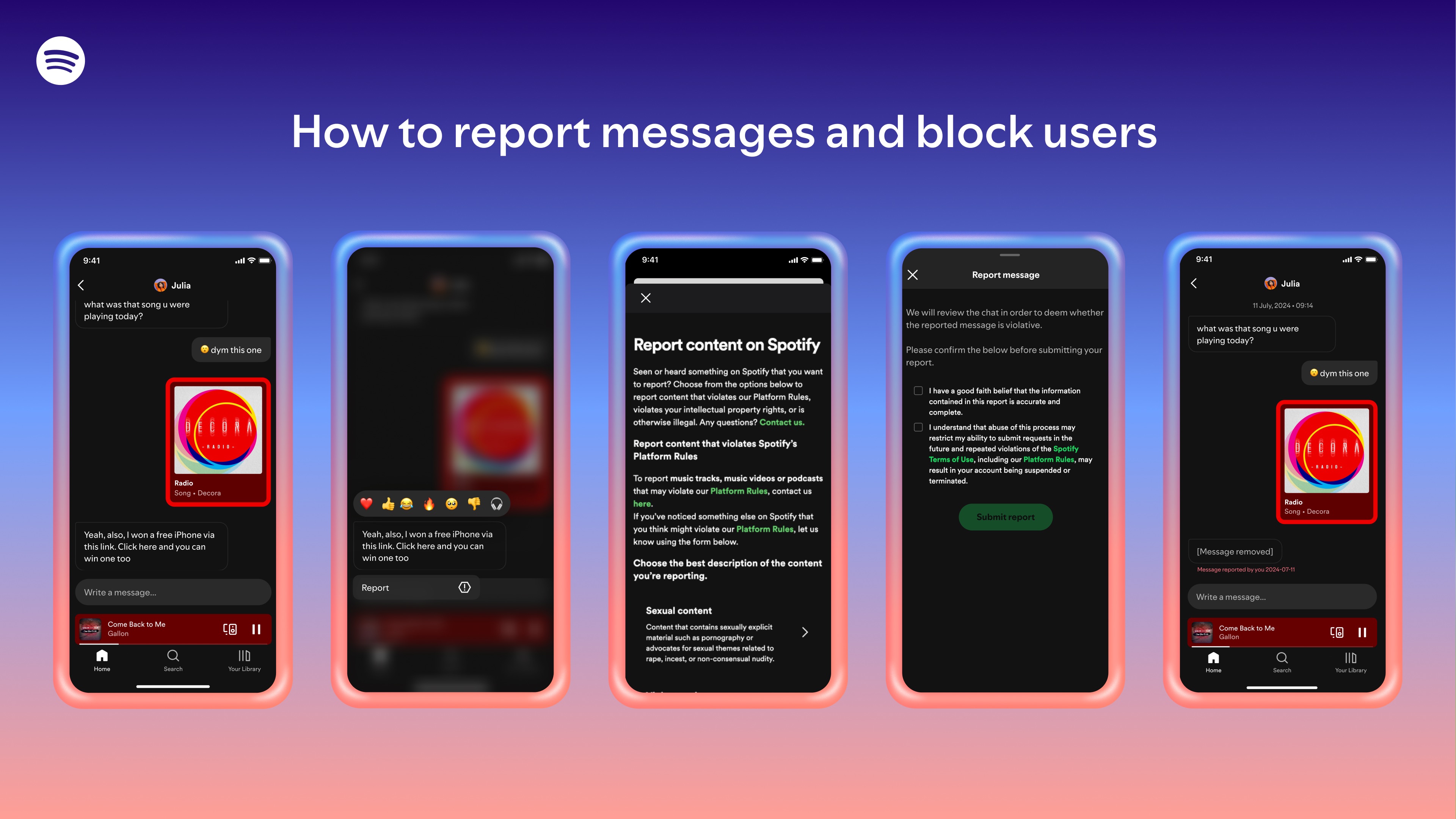 a series of screenshots showing how users can report messages that they received on Spotify