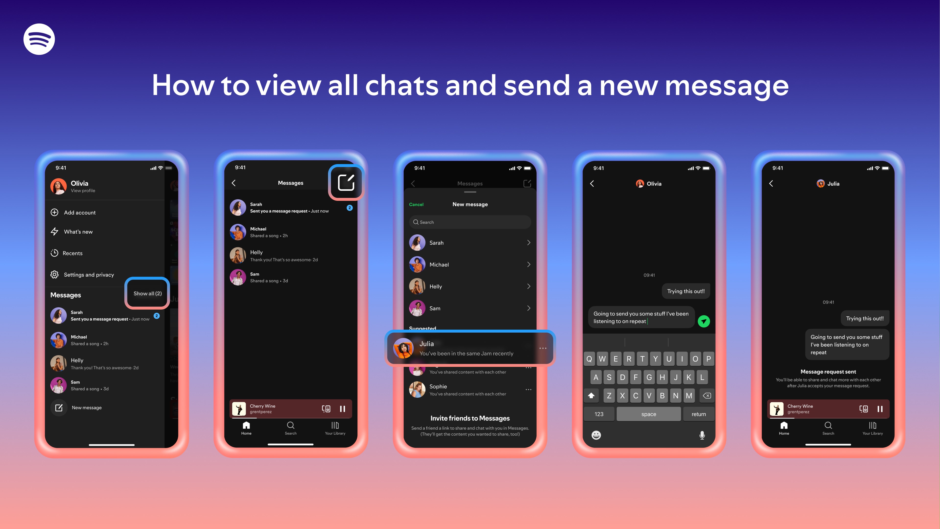 a series of screenshots showing the step-by-step process of viewing new messages and sending a message on Spotify