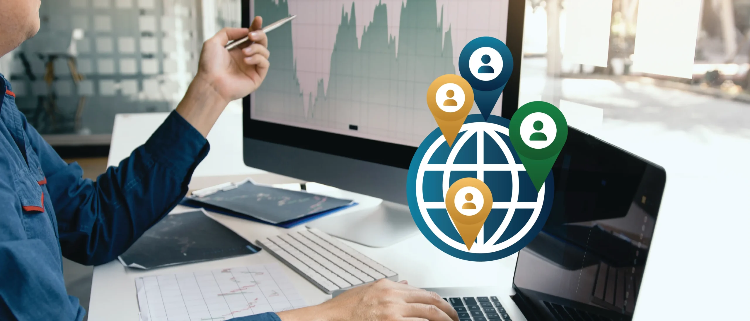 Image depicting a person using a laptop and monitor. The monitor displays an area chart, and overlaid over the image is an illustration depicting users on the World Wide Web.
