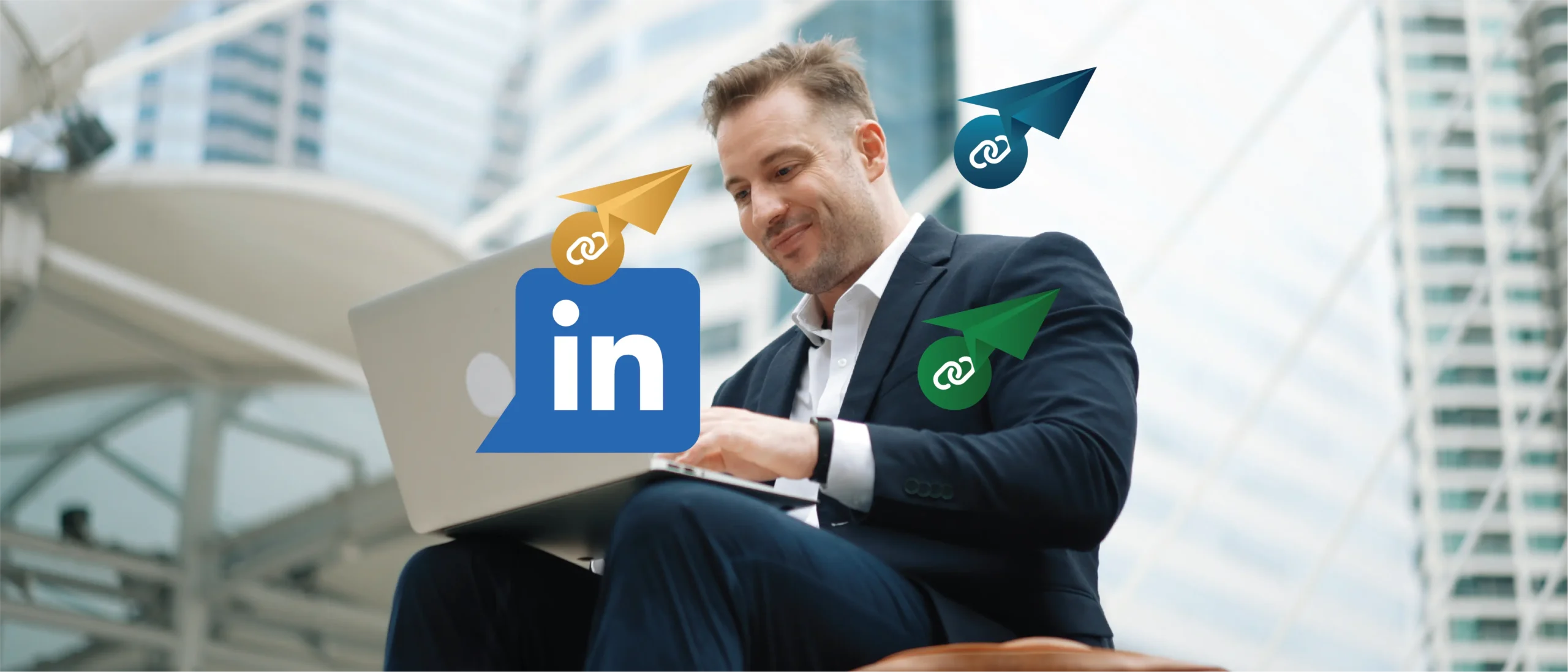 Image of a man using a laptop. Overlaid are illustrations depicting the LinkedIn logo and links being sent in messages.