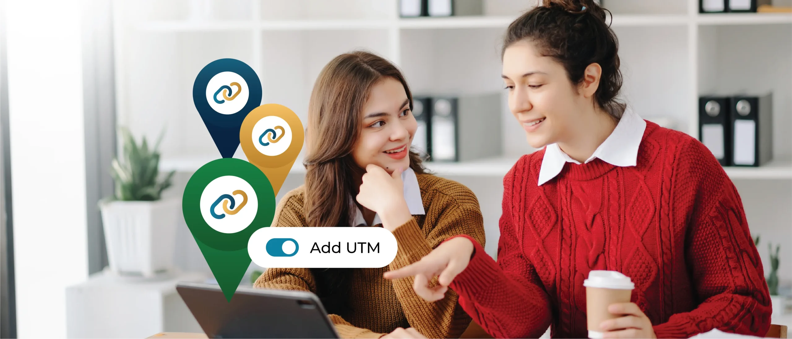 Image of two people talking in front of a laptop. Overlaid are icons depicting URLs and a module that reads, 'Add UTM'