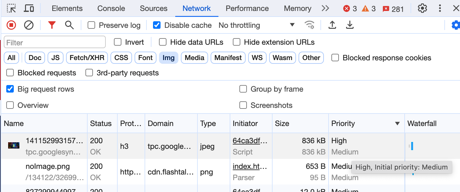 Chrome 开发者工具的“Network”(网络)标签页。“大请求行”设置已选中,并且“优先级”列显示第一个图片的优先级为“高”,下面的另一个图片的初始优先级为“中”。提示中也会显示相同的信息。