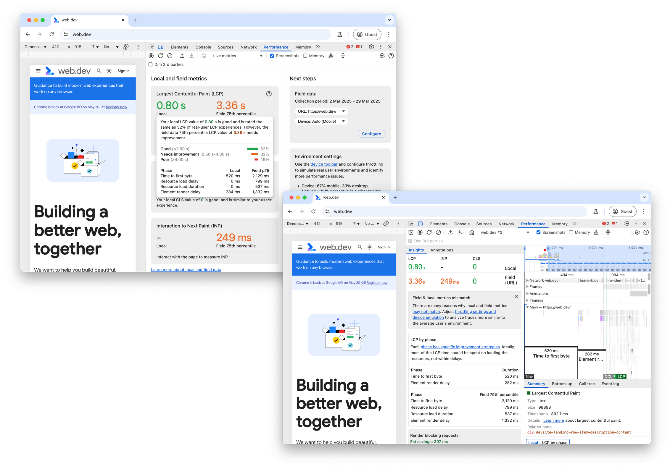 Chrome 开发者工具“性能”面板中的本地 LCP 和现场 LCP