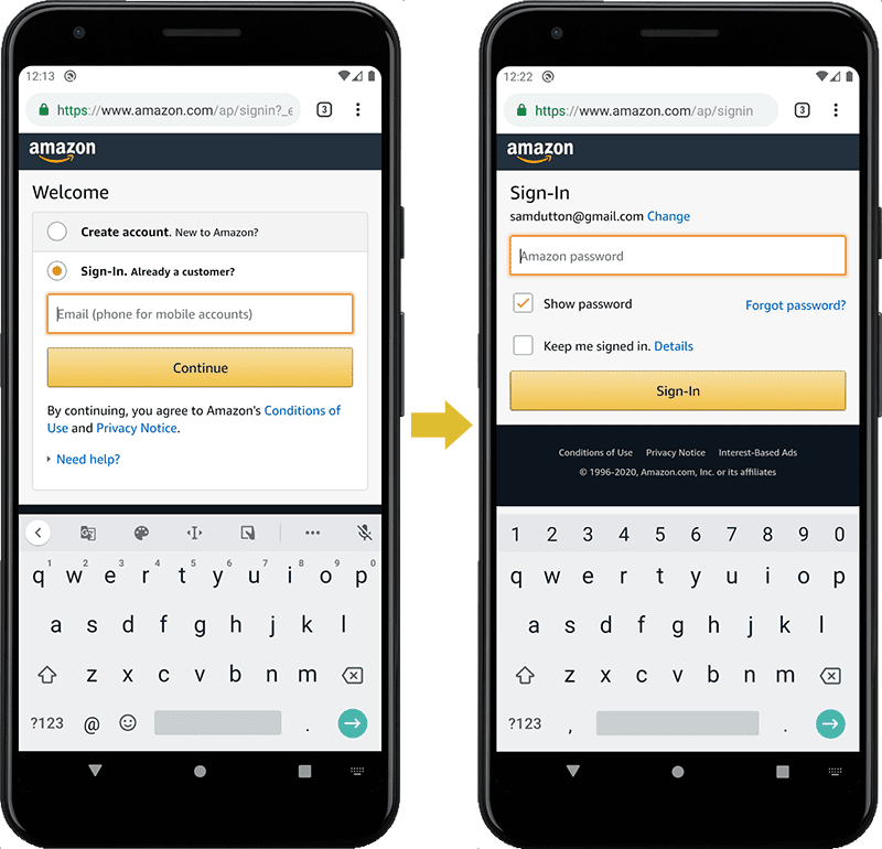 Amazon 网站上的登录表单:电子邮件地址/电话号码和密码分别位于两个不同的“页面”上。