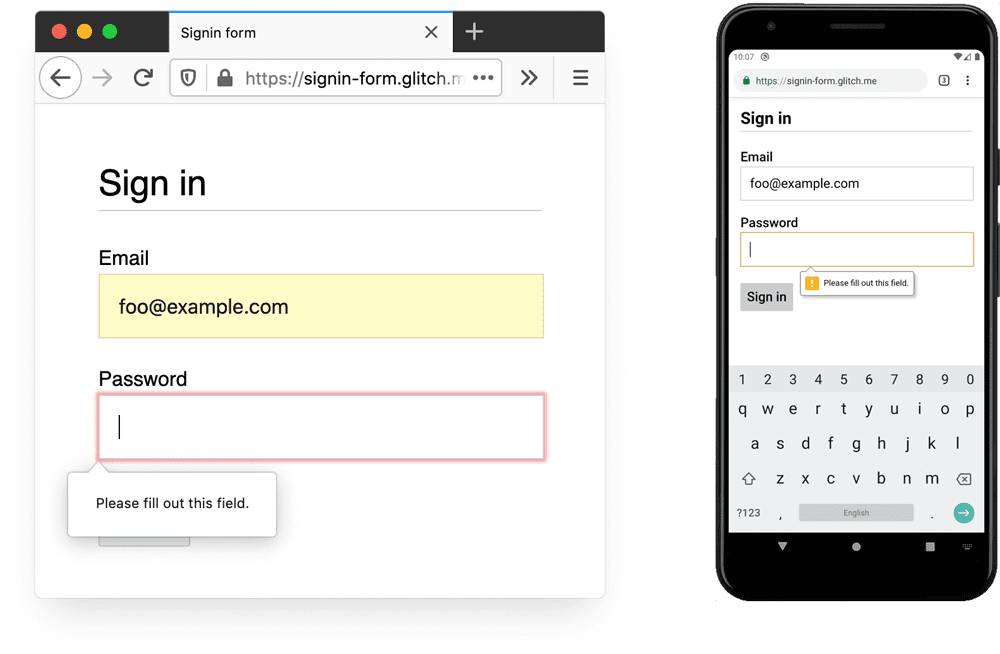 桌面版 Firefox 和 Android 版 Chrome 显示“请填写此字段”提示,表明缺少数据。