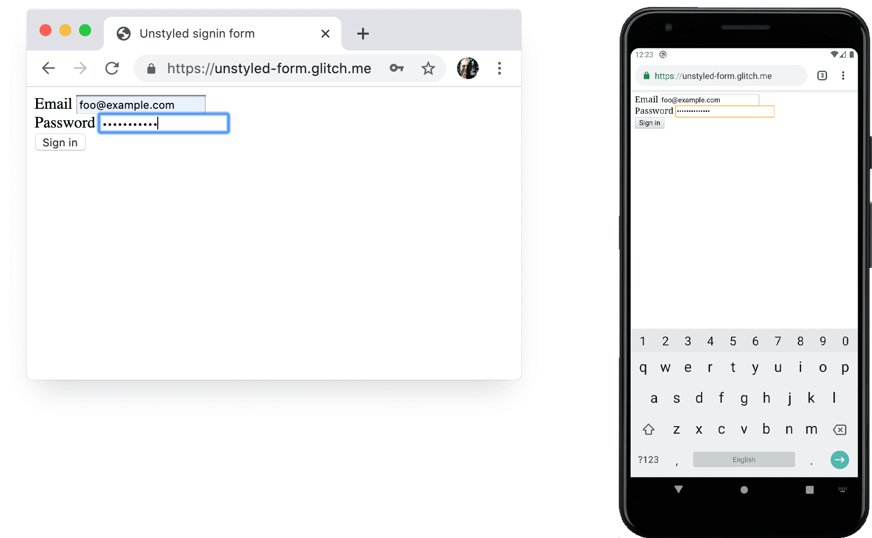 桌面版 Chrome 和 Android 版 Chrome 中的无样式表单。