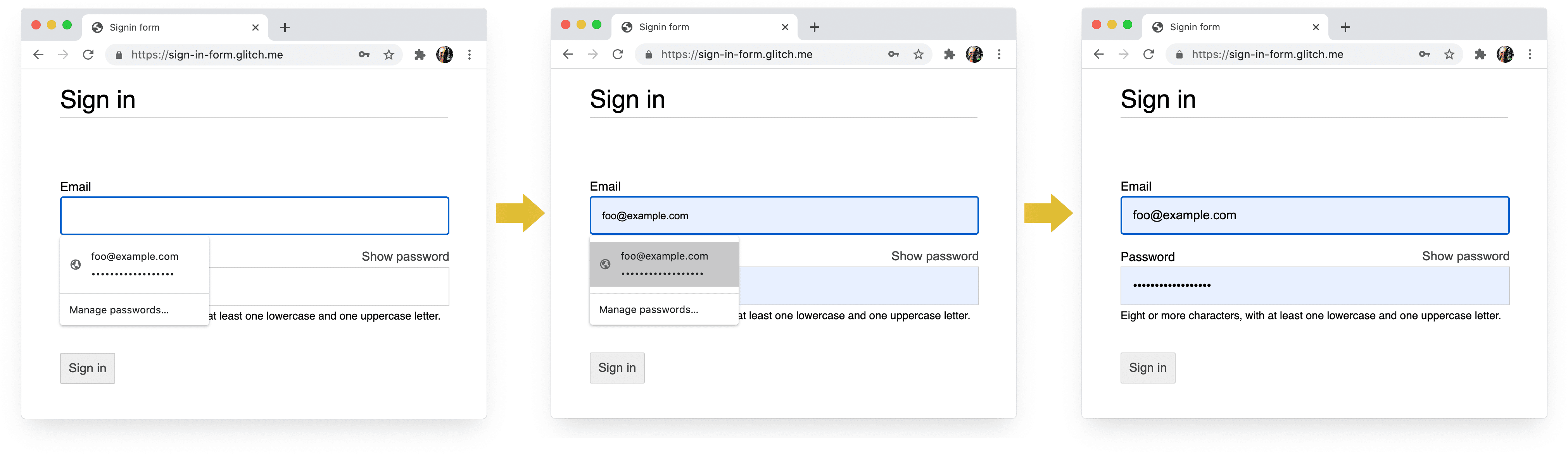 桌面版 Chrome 中登录流程的四个阶段的屏幕截图:电子邮件地址完成、电子邮件地址建议、密码管理工具、选择时的自动填充。