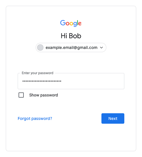Google 登录表单,其中显示了“显示密码”切换开关和“忘记密码”链接。