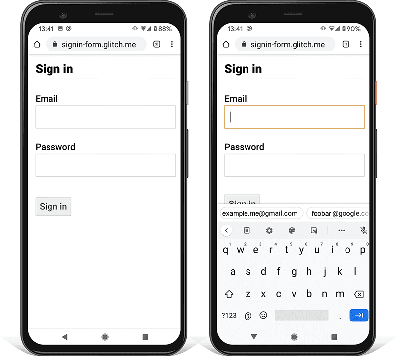 两张 Android 手机上登录表单的屏幕截图:一张显示了“提交”按钮如何被手机键盘遮挡。