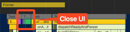 Chrome DevTools 中“Performance”(性能)面板的屏幕截图,显示了轨迹的一部分,其中包含用于关闭 PubConsent CMP 中的界面对话框的 activity 调用堆栈。关闭界面对话框的任务本身会触发移除增加互动呈现延迟的 DOM 节点。