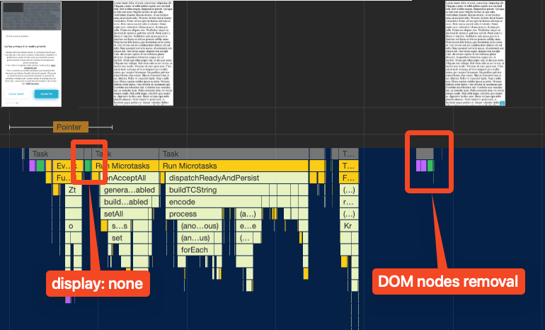 Chrome 开发者工具中“Performance”(性能)面板的屏幕截图,显示与之前相同的轨迹,但经过优化。关闭 PubConsent CMP 的对话框后,初始操作是使用 CSS display: none 规则将其隐藏。然后,当浏览器稍后处于空闲状态时,系统会执行 DOM 节点移除操作。