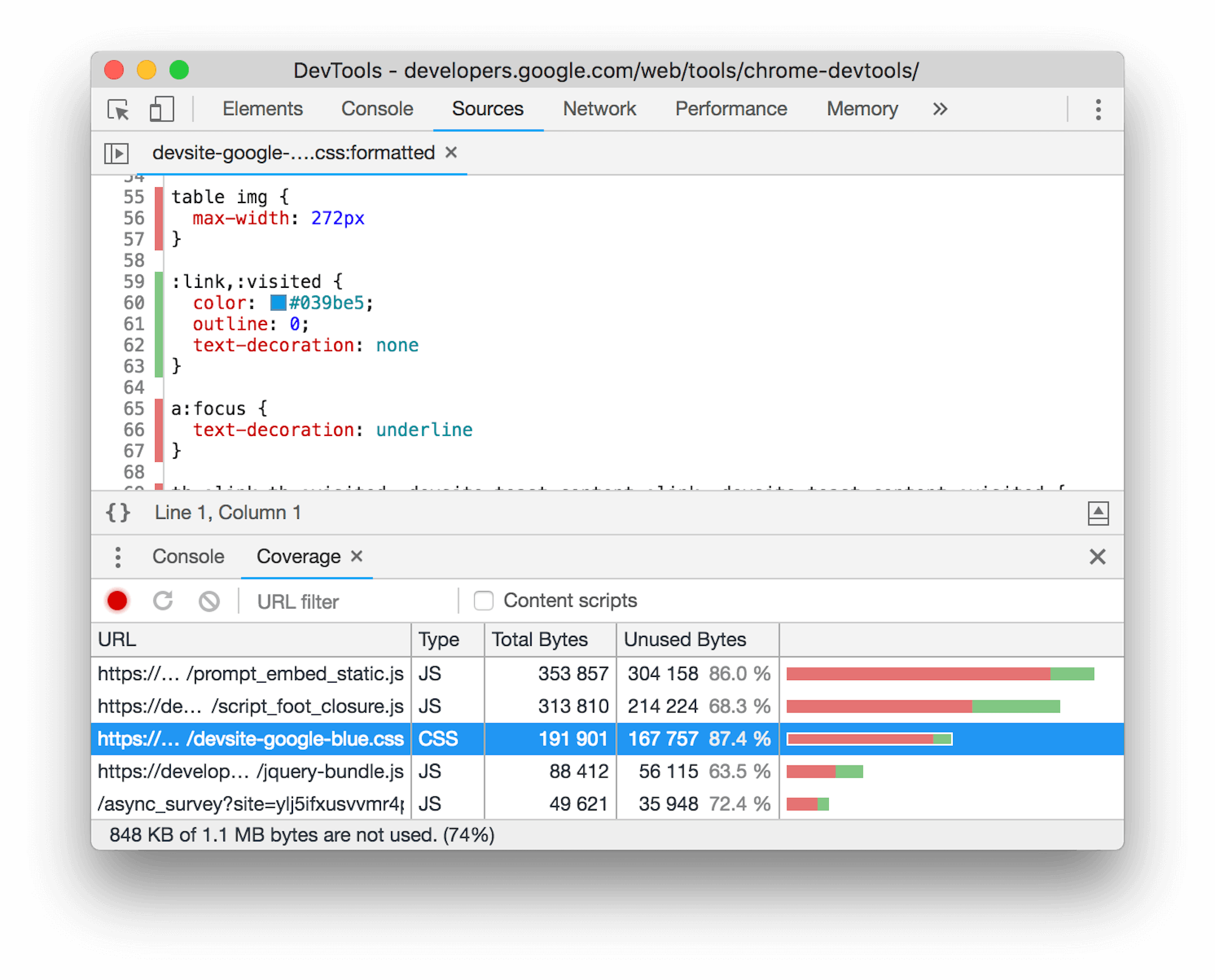 Chrome 开发者工具中覆盖率工具的屏幕截图。一个 CSS 文件在其底部窗格中被选中,其中显示了当前页面布局未使用的大量 CSS。