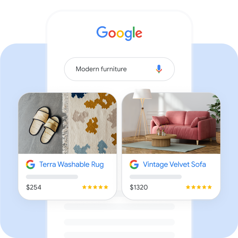 Example of 2 shopping ads showing a colorful rug and green couch.