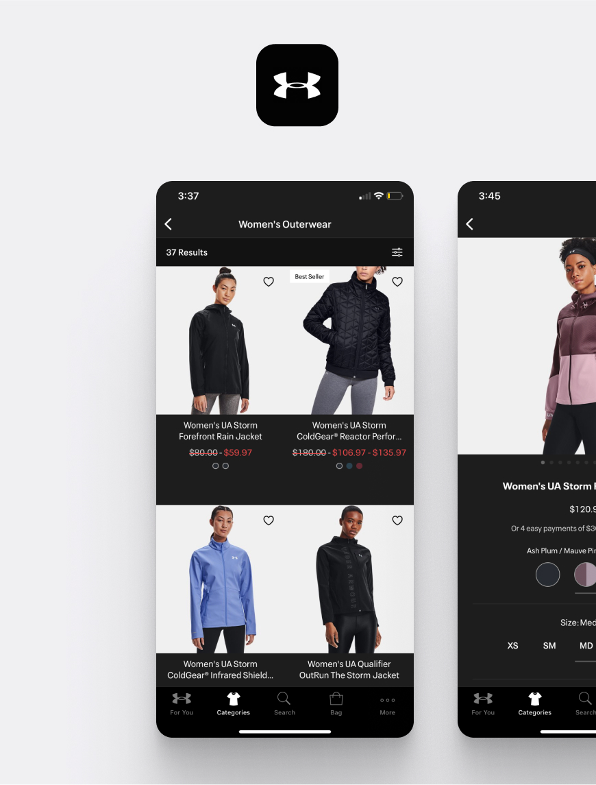 Under Armour e-commerce mobile application user interface.