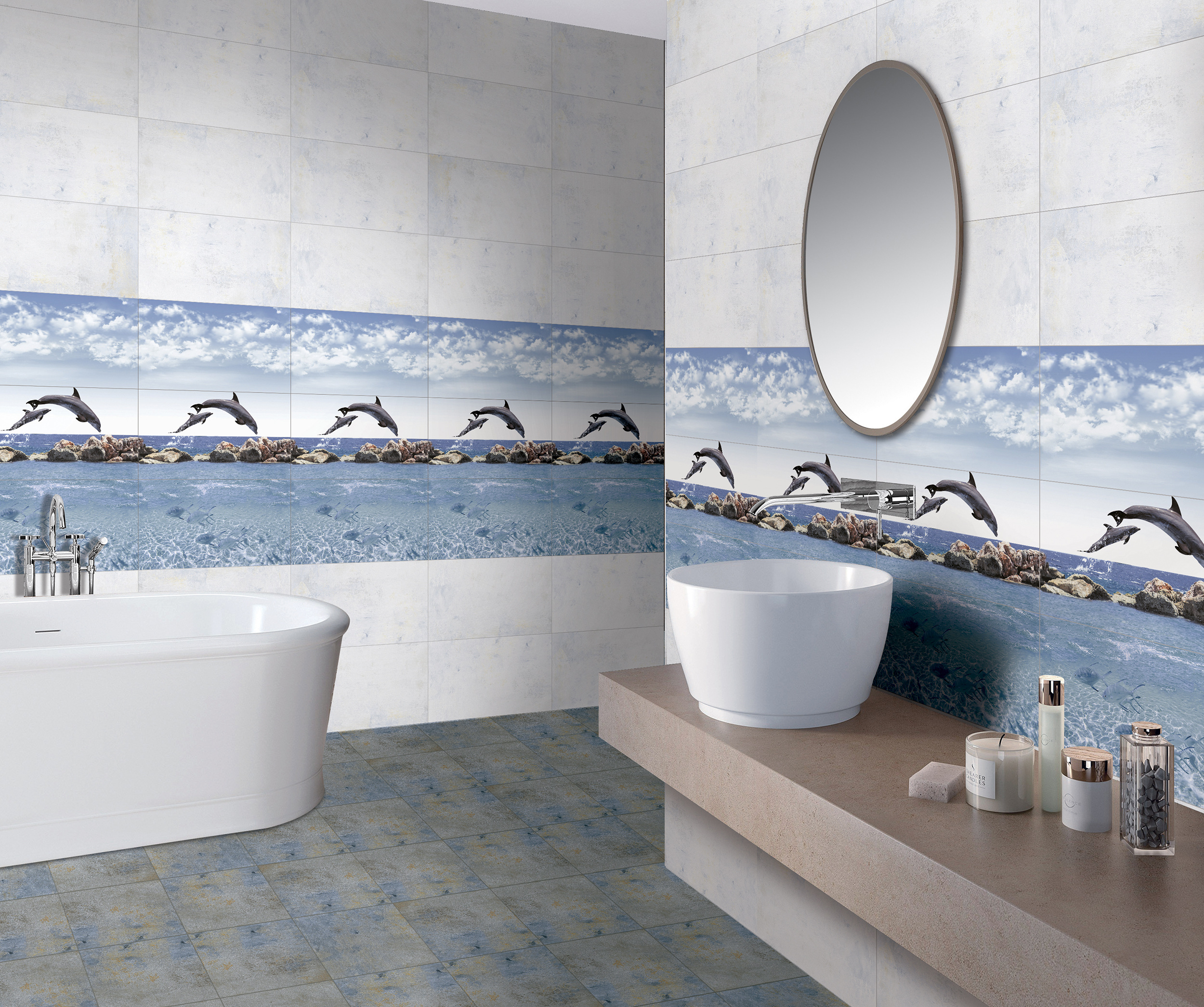 stark white background bathroom featuring with ODH Ocean Dolphin HL tile
