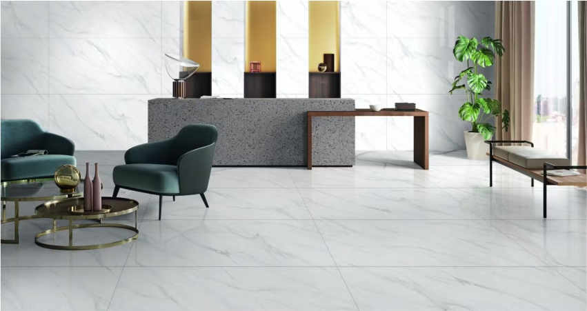Elevate your living room with GVT-endless-tiles featuring elegant Carrara Marble