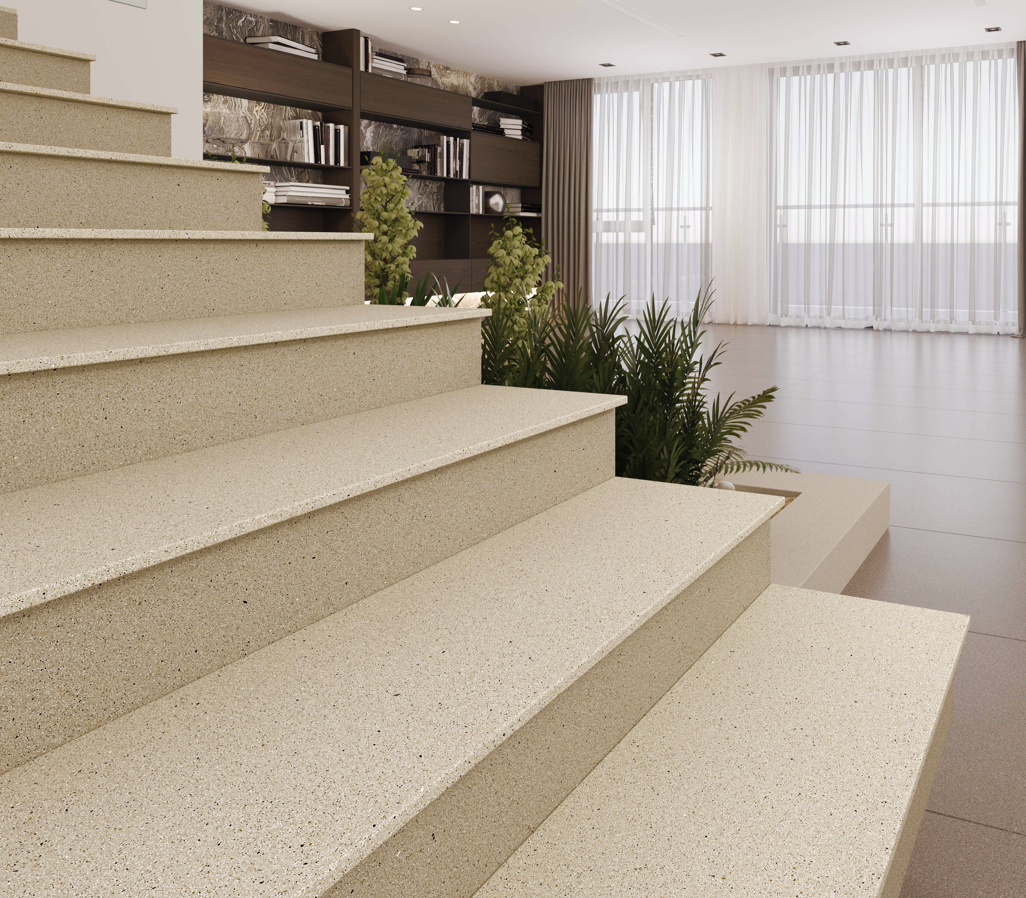 Modern beige stairs tile Beige tile stairs leading to a modern living area with large windows, greenery, and bookshelves