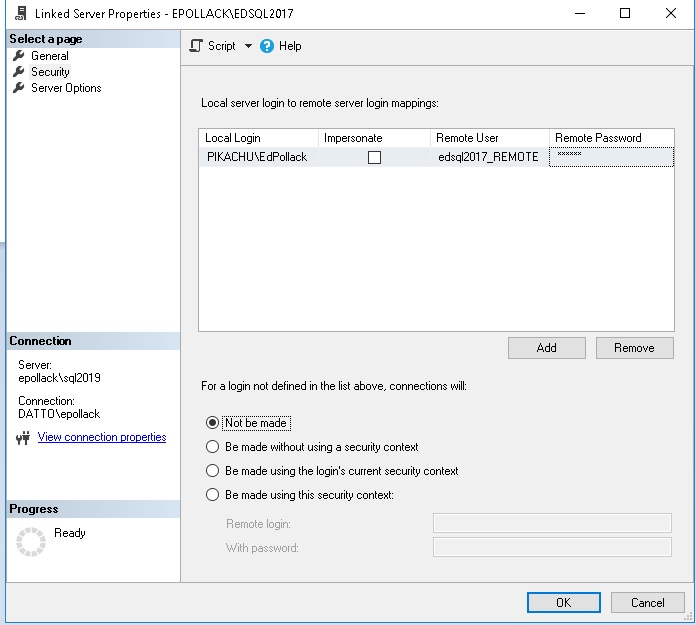 Configuring a login to a linked server.